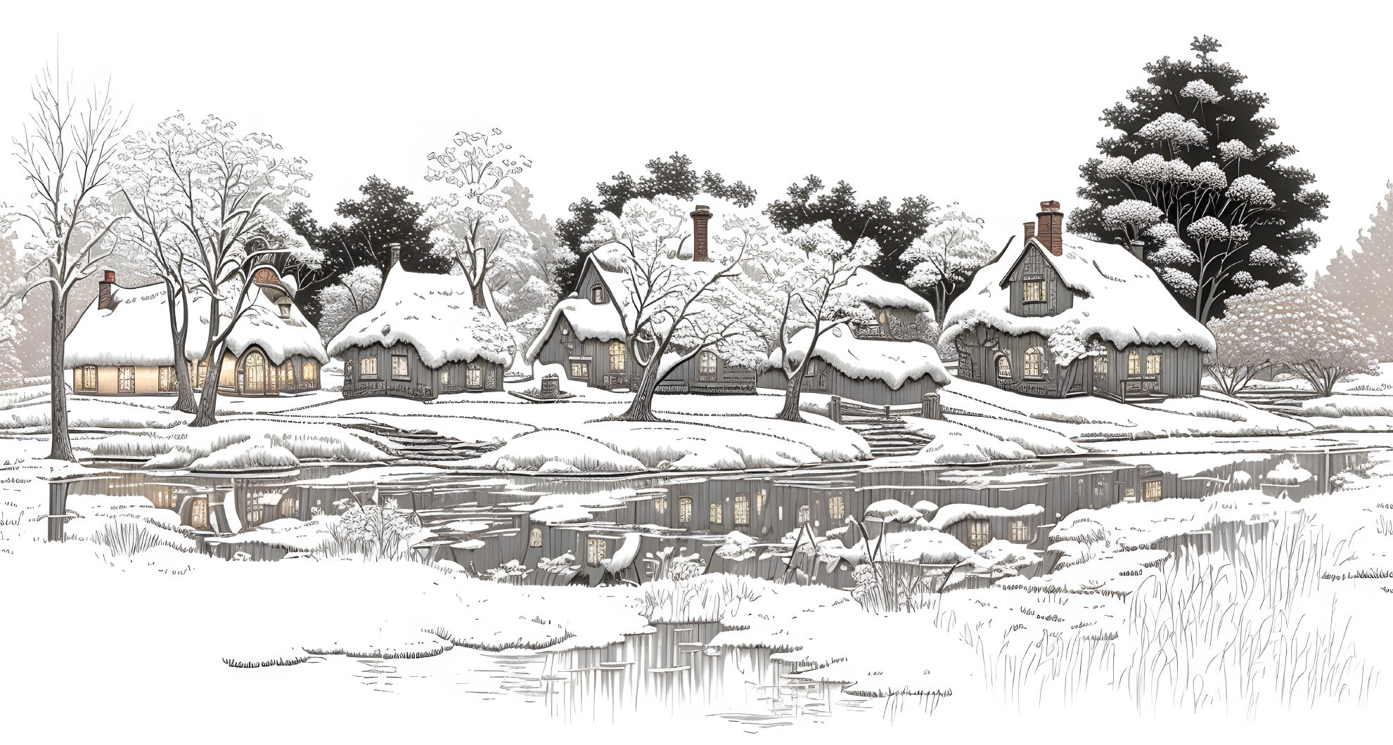 Winter scene: Snowy cottages by frozen river in serene landscape