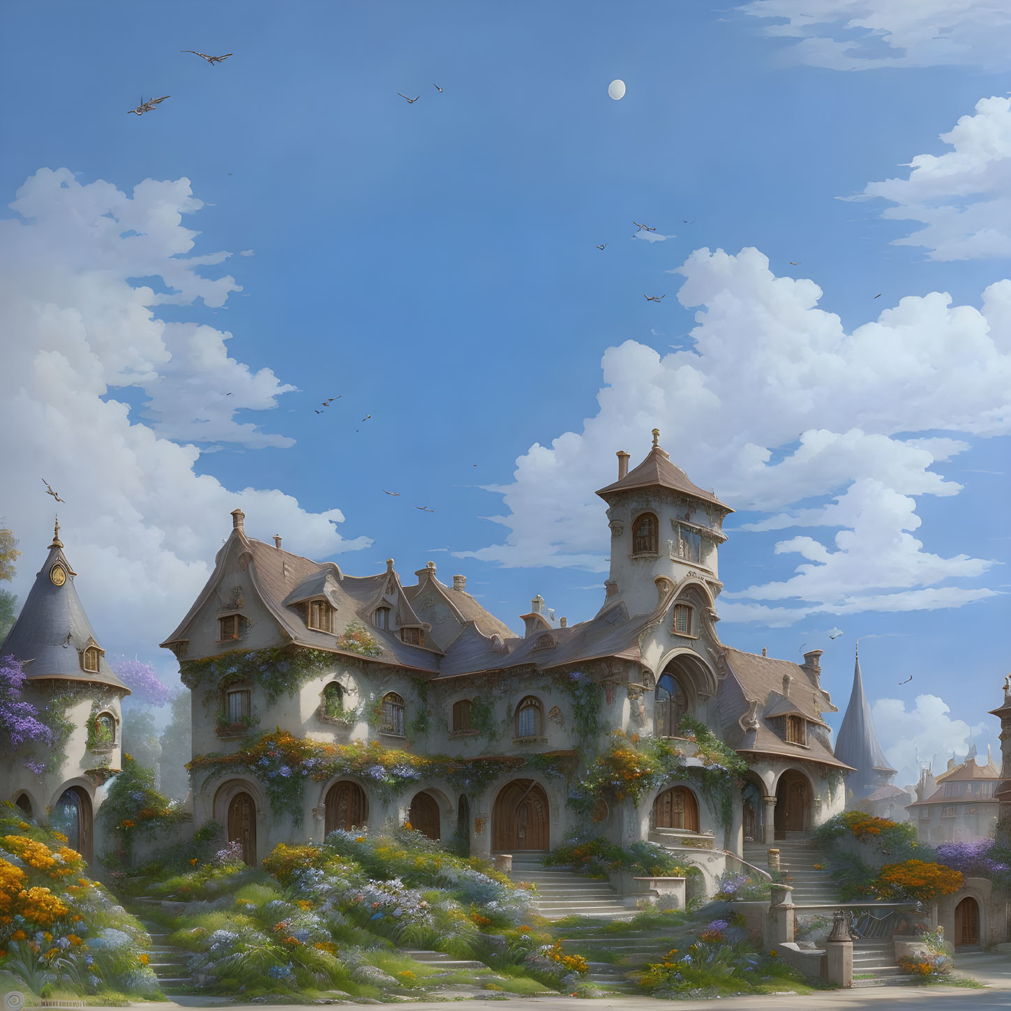 Fantasy castle with towers in lush garden under blue sky