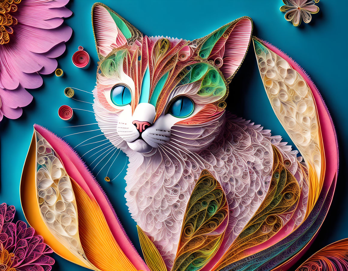 Colorful Cat Paper Art with Floral Design on Teal Background