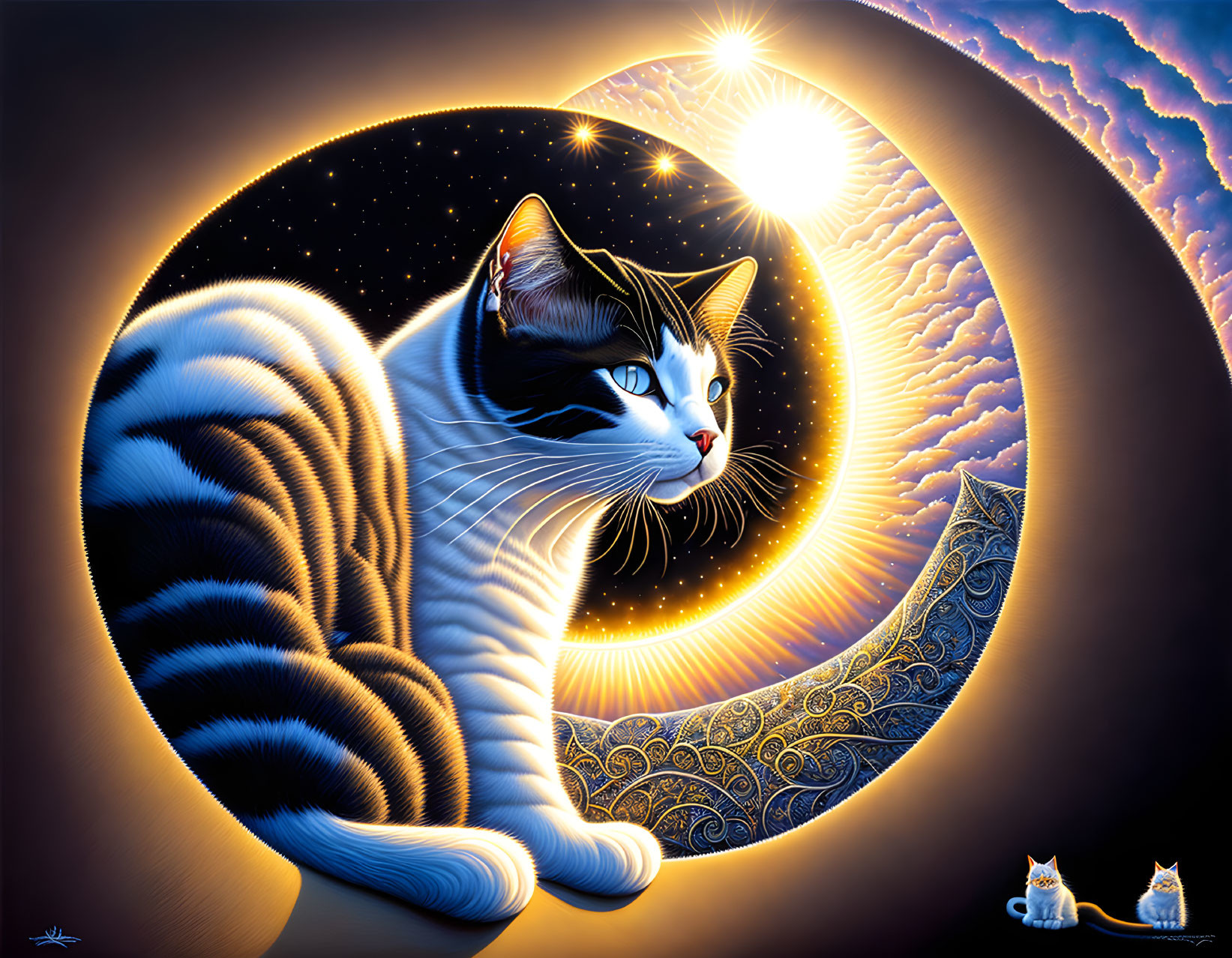 Stylized black and white cat on crescent moon in cosmic scene