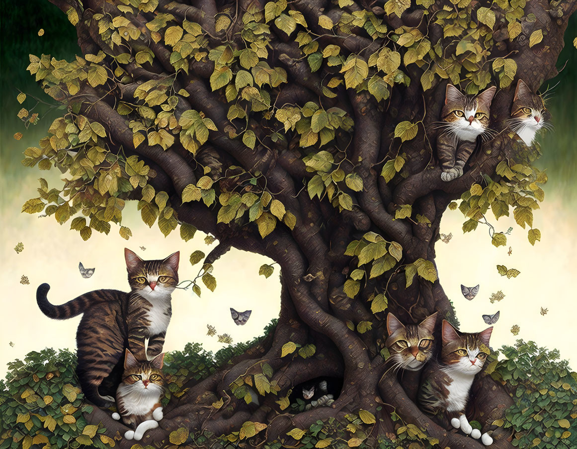 Illustration of tree with identical cats in branches among green leaves & butterflies