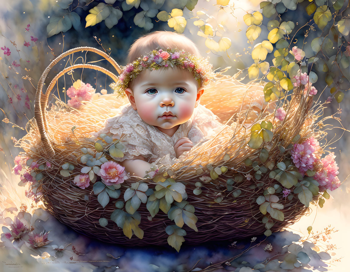 Baby in floral crown wicker basket with flowers and leaves in soft, dreamy setting