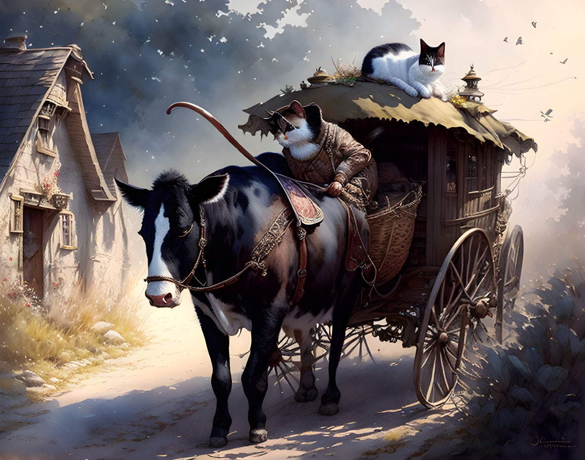 Anthropomorphic cat in vintage attire drives cart pulled by cow in rustic village.