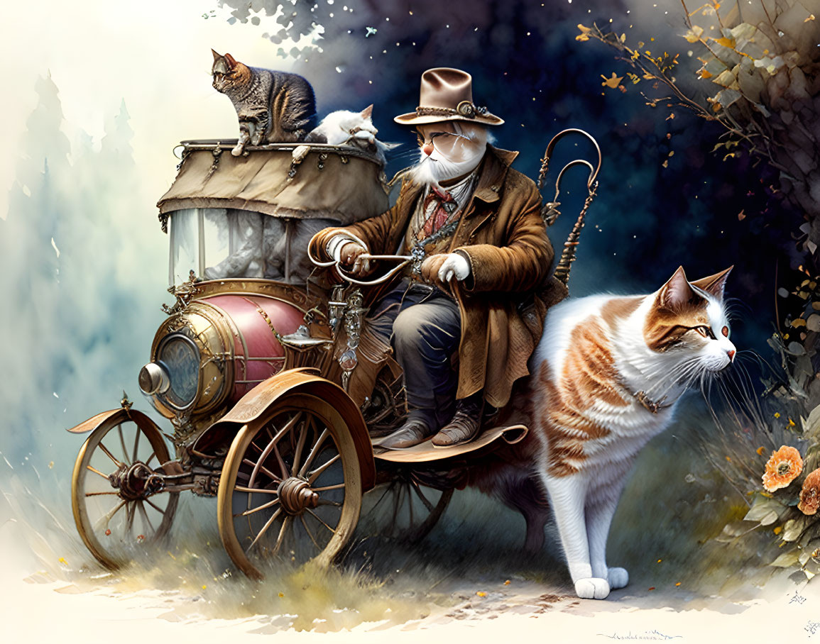 Vintage Attired Elderly Gentleman on Classic Tricycle Car with Giant Cat