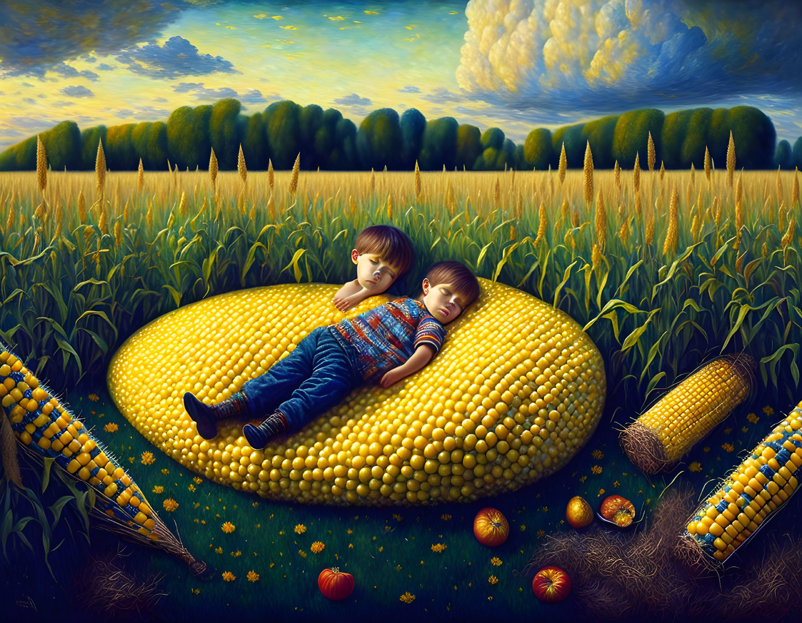 Children on Giant Corn Cob in Surreal Cornfield Landscape