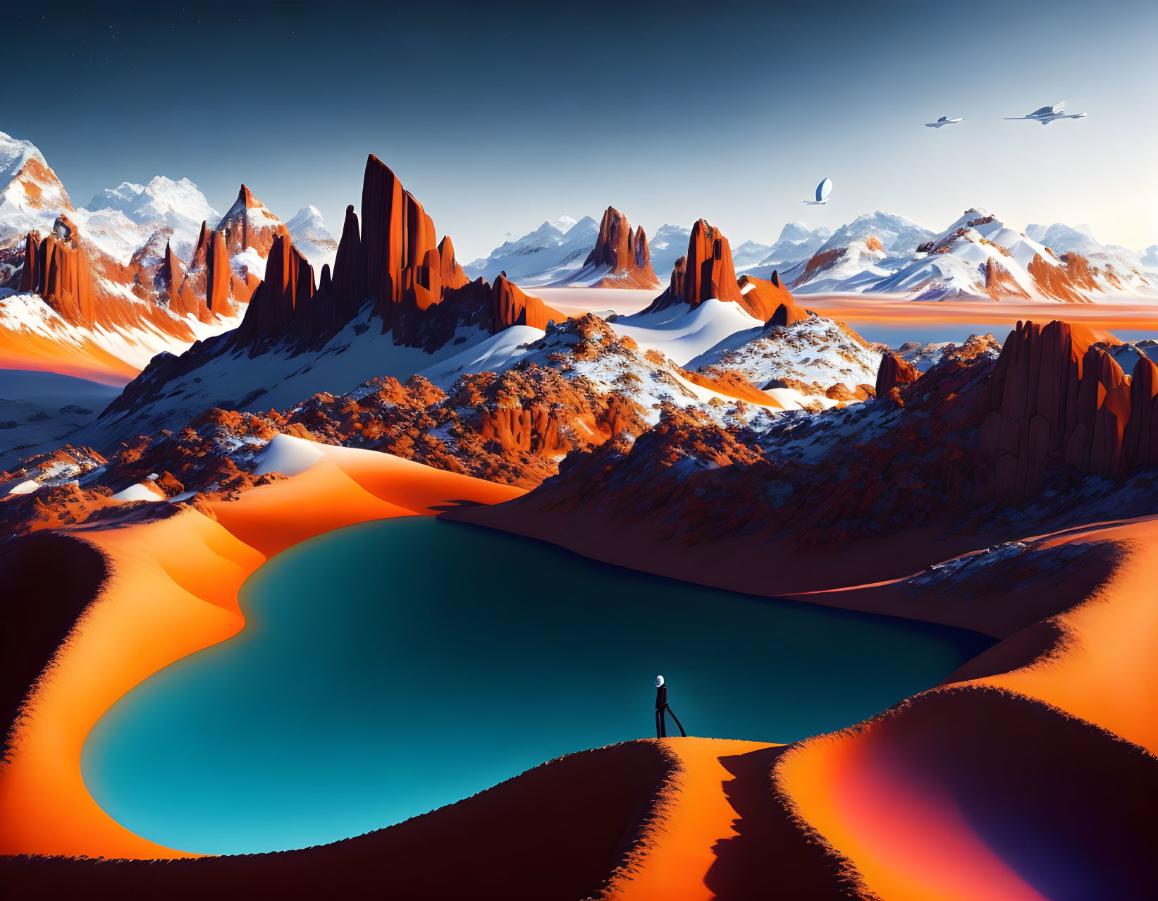 Colorful surreal landscape with figure, orange mountains, turquoise lake & birds.