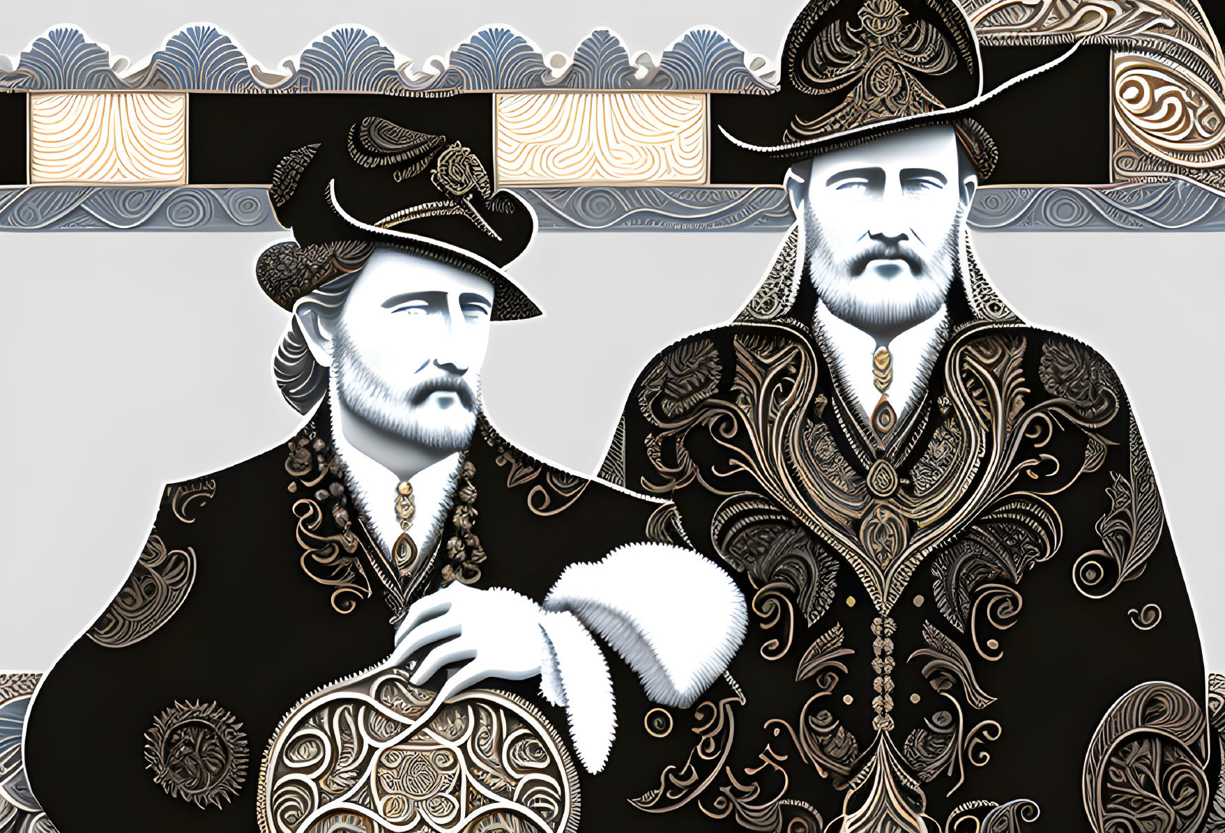 Illustrated Figures in Ornate Historical Costumes with Wide-Brimmed Hats