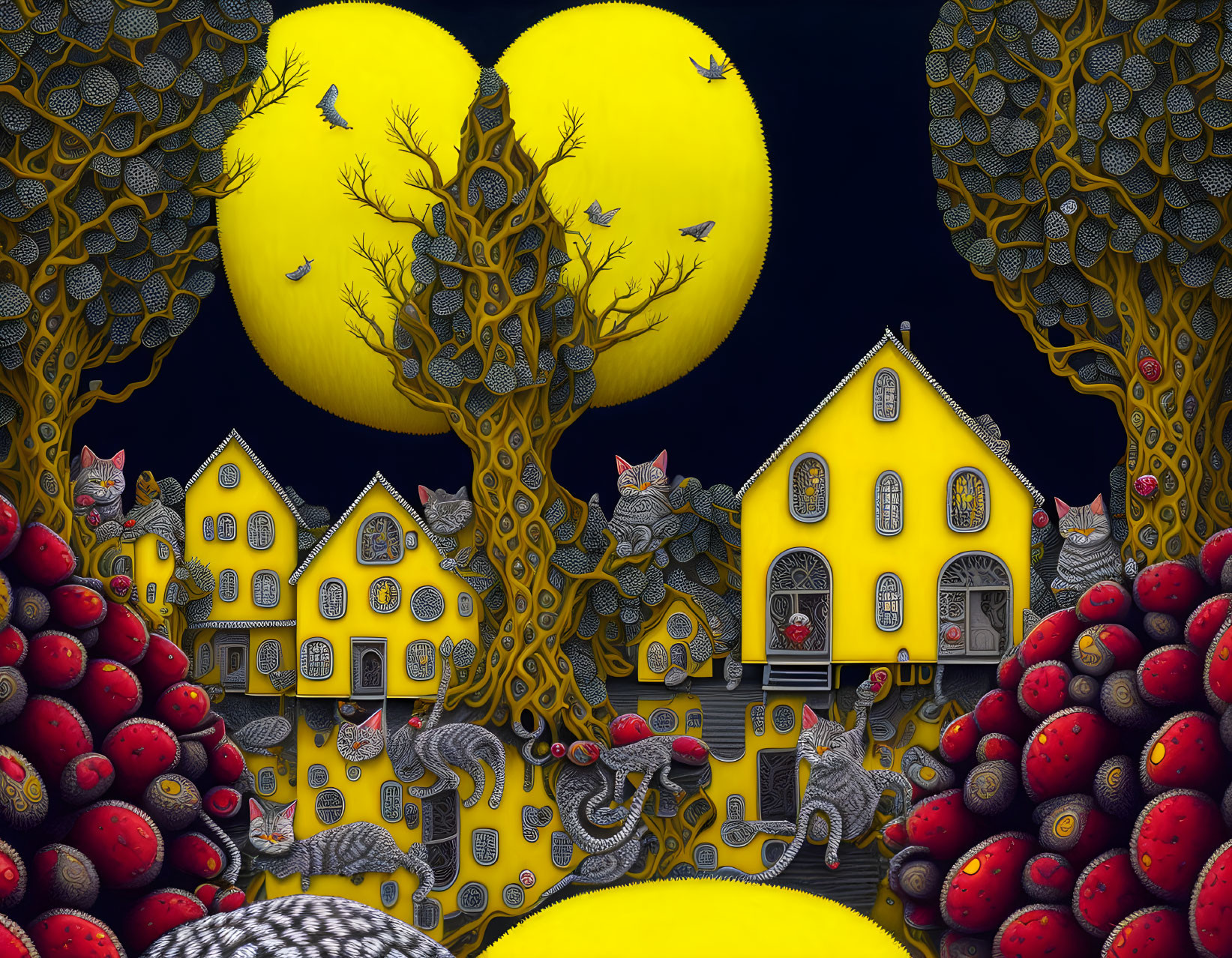 Surreal yellow houses, patterned trees, cats in stylized nature on black.