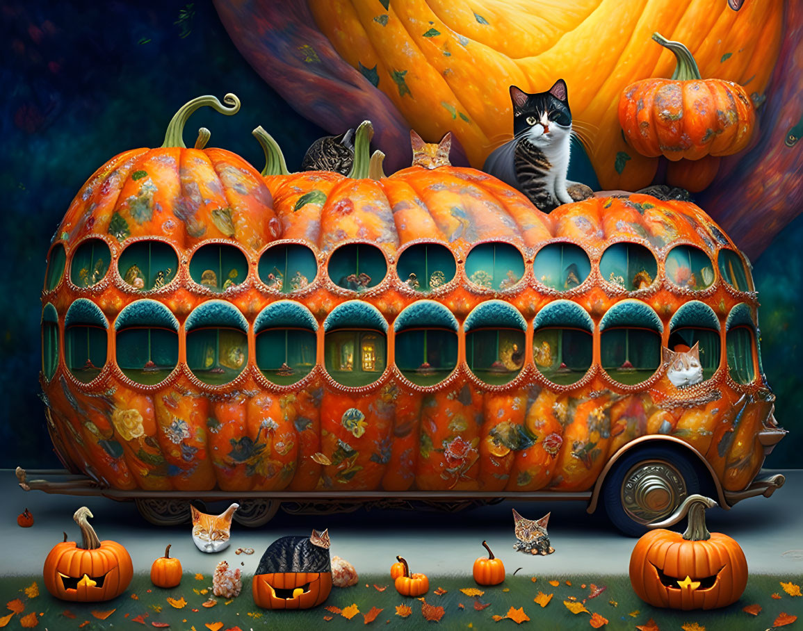 Whimsical pumpkin bus with cats and autumn leaves at twilight