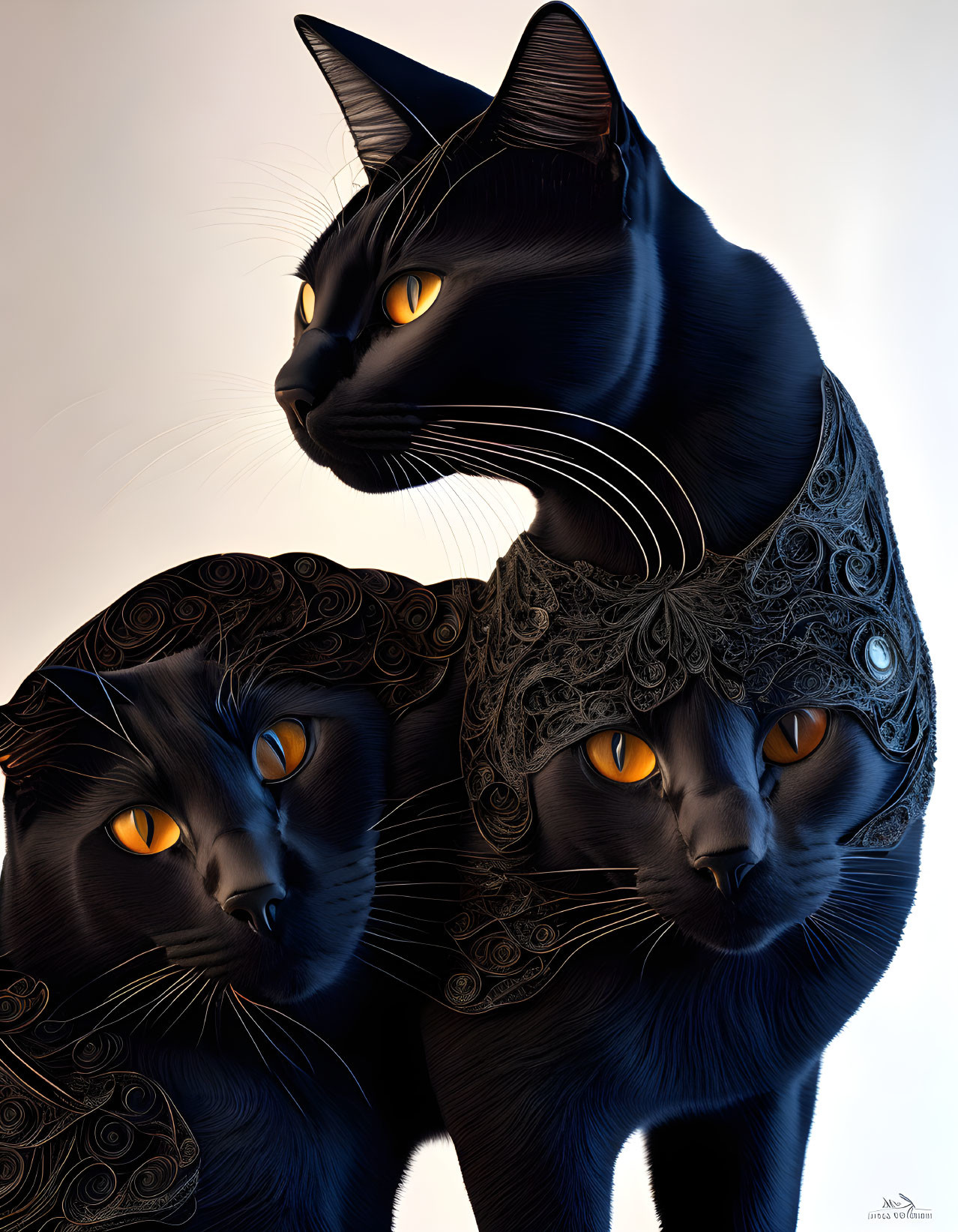 Stylized black cat digital art with intricate designs and orange eyes