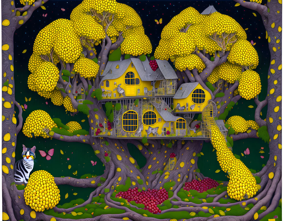 Illustration of whimsical treehouse in fruit-laden trees under starry sky