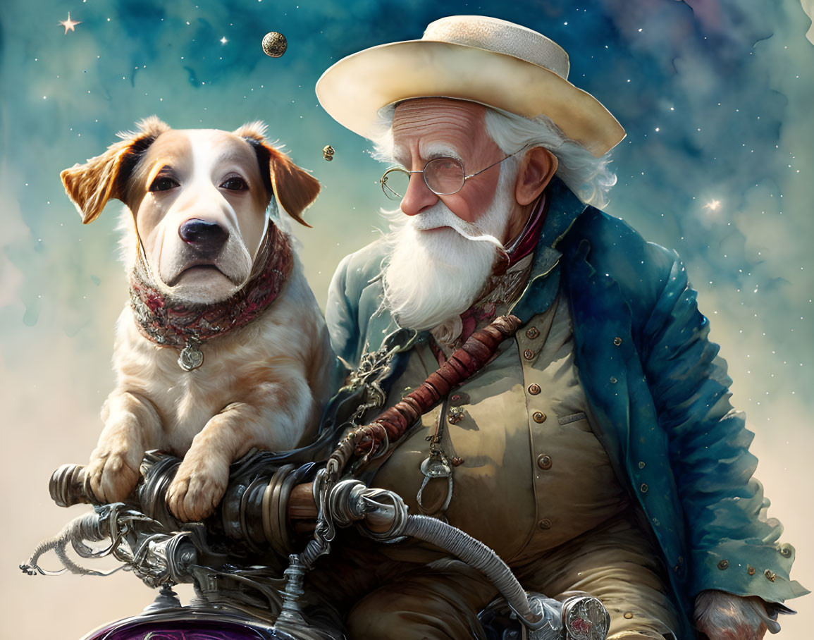 Elderly space cowboy and dog in bandana under starry sky