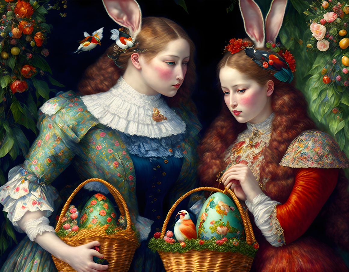 Two Women in Renaissance Attire with Bird Baskets in Mystical Garden