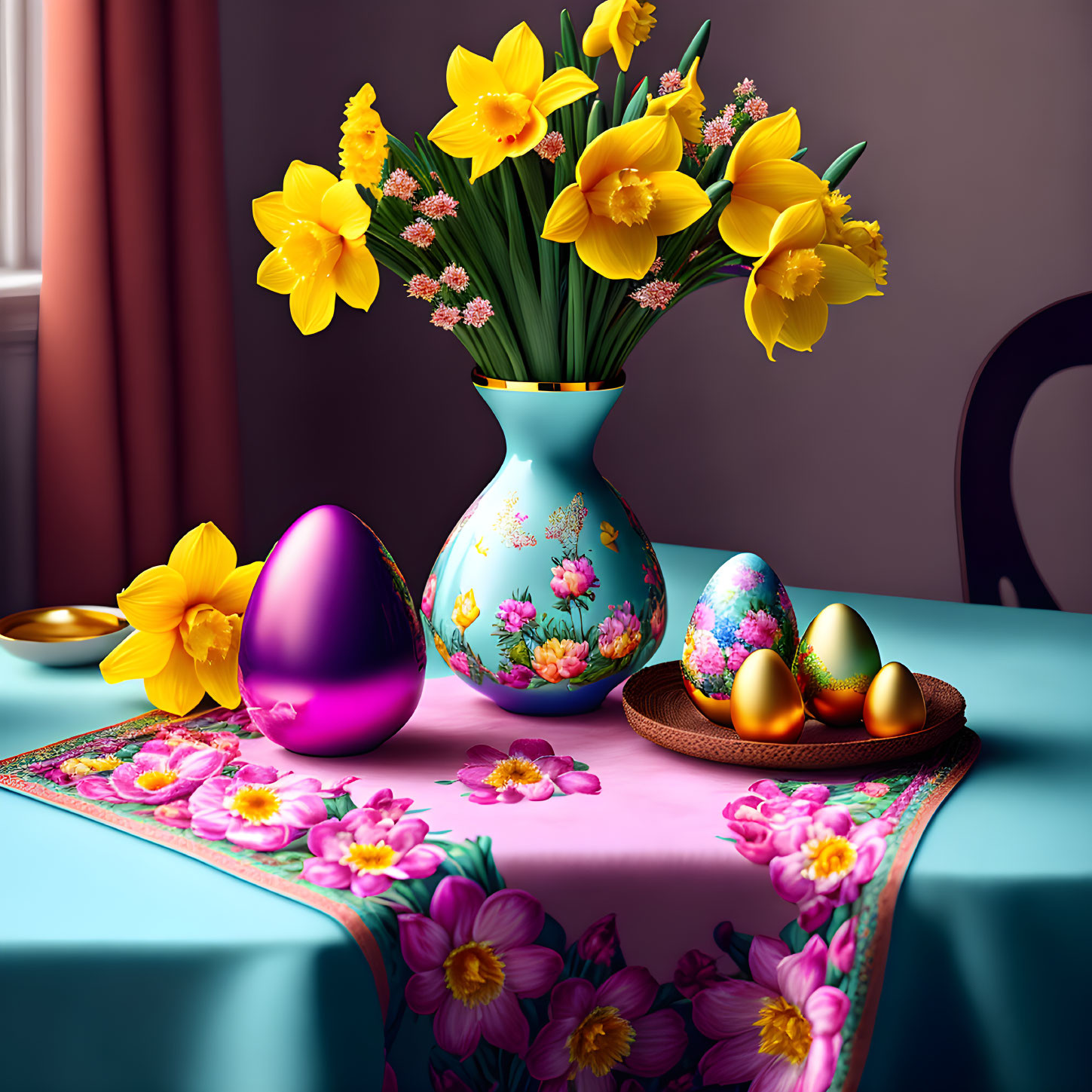 Colorful Easter Decor with Daffodils, Eggs, and Floral Tablecloth