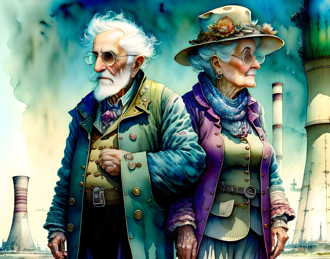 Steampunk-styled elderly figures in Victorian attire by industrial smokestacks