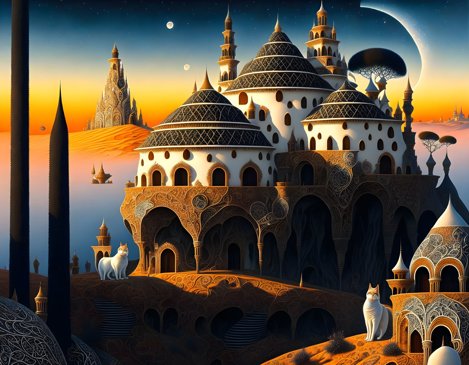 Fantastical dusk landscape: ornate buildings, cats, ships, crescent moon.