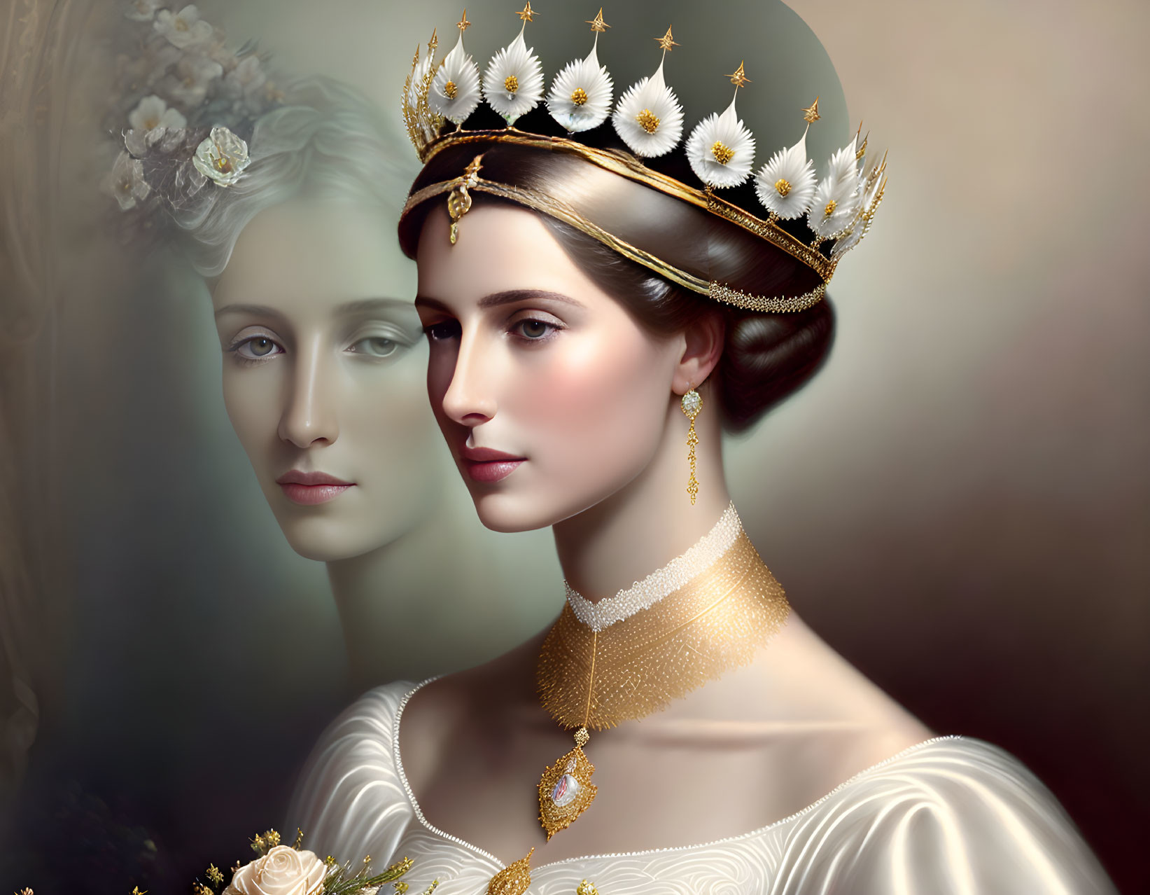 Regal woman in golden crown and white gown with reflection