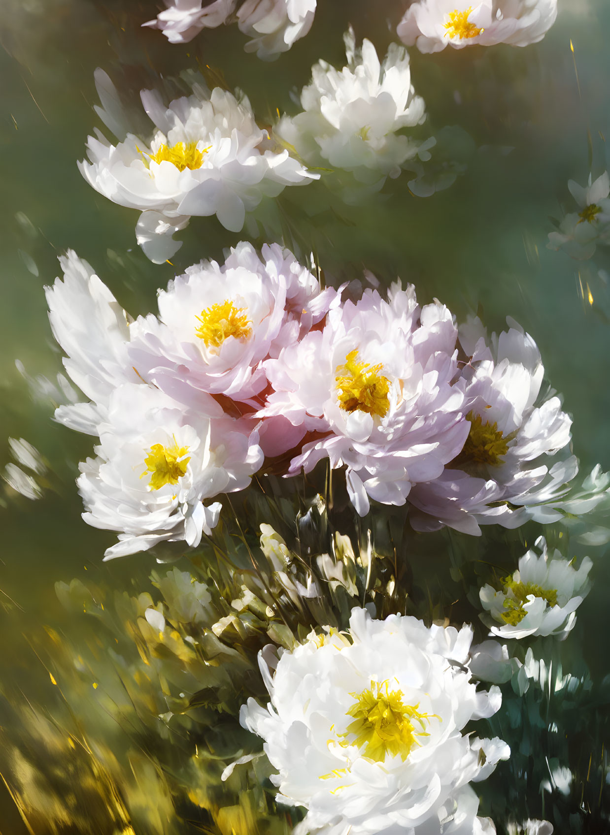 White and Pink Peonies Painting Against Green and Brown Background