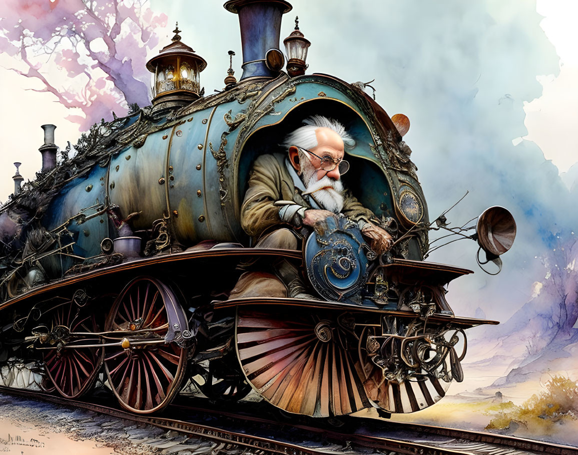 Detailed Steampunk Locomotive with Bearded Old Man