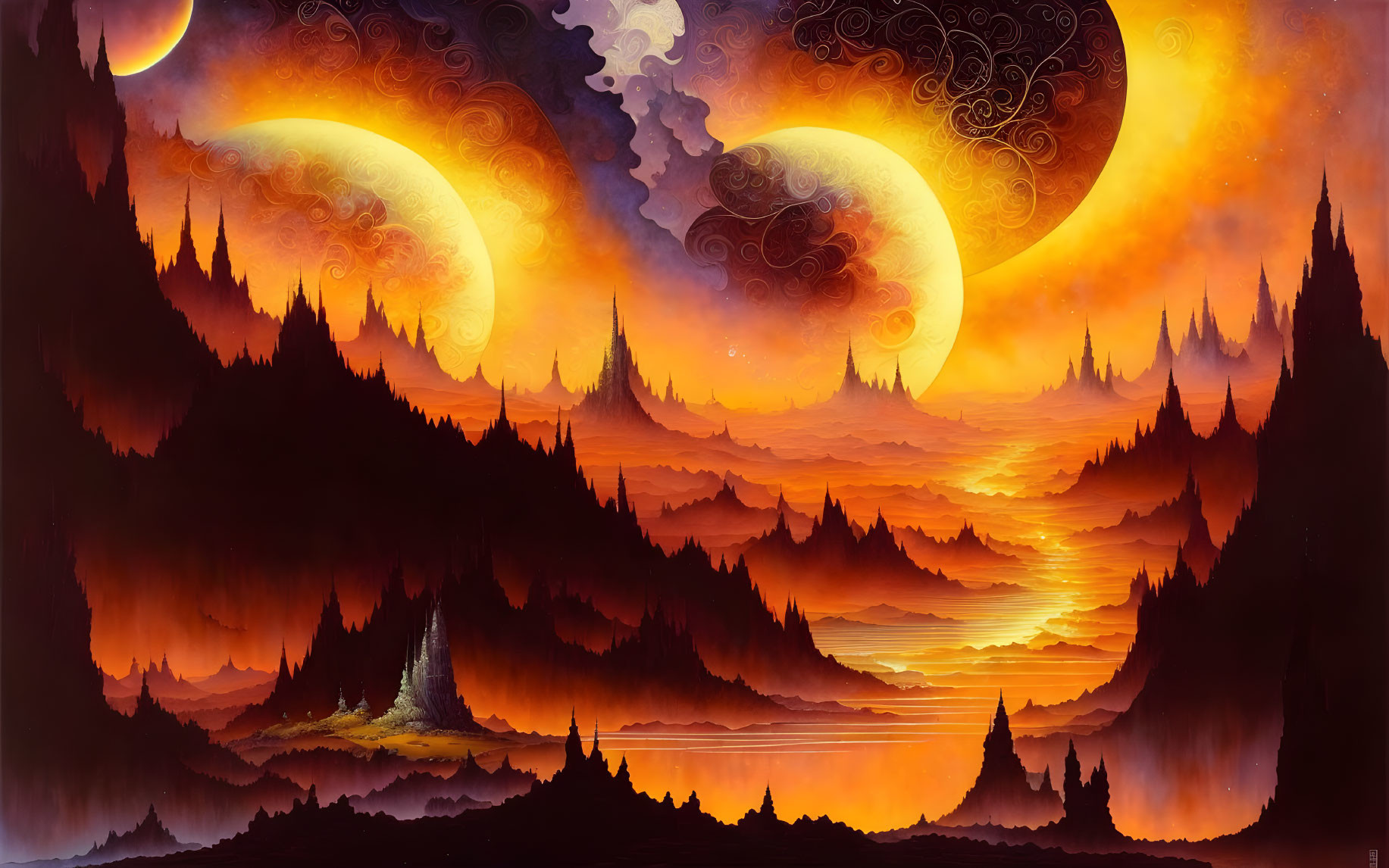 Fantasy landscape with fiery skies, crescent moons, and pine forest silhouettes