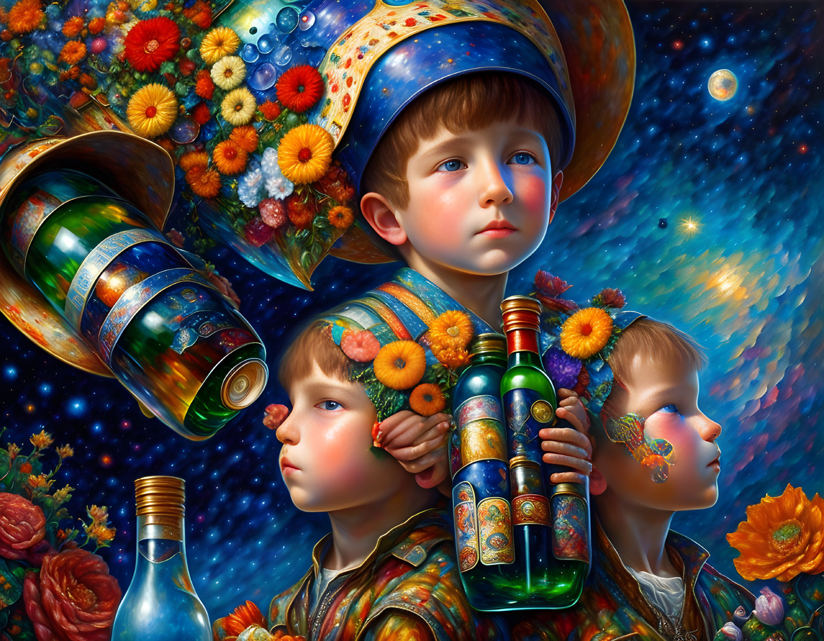 Colorful cosmic-themed illustration of children surrounded by stars and flowers