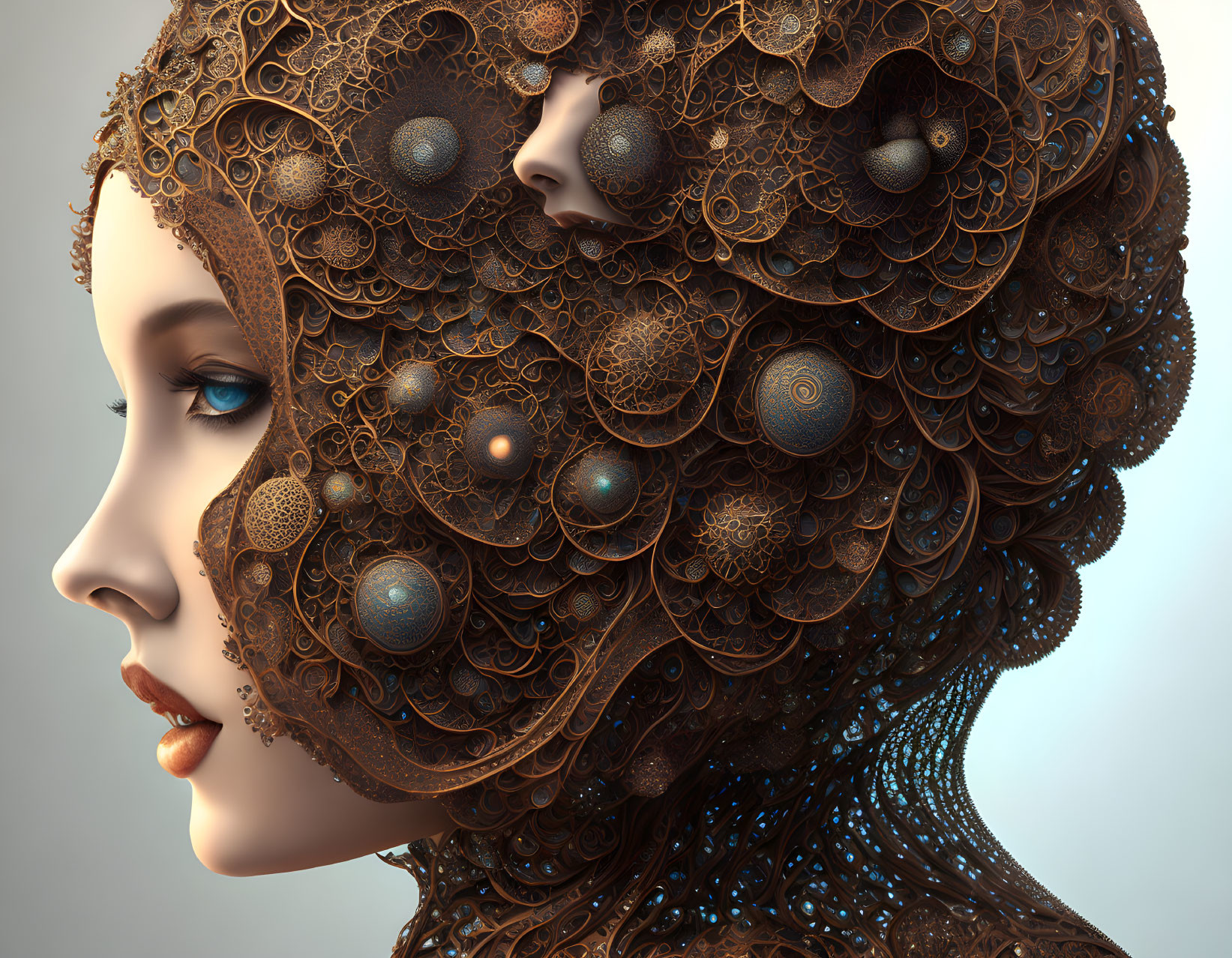 Digital artwork features female profile with steampunk-inspired metallic headpiece