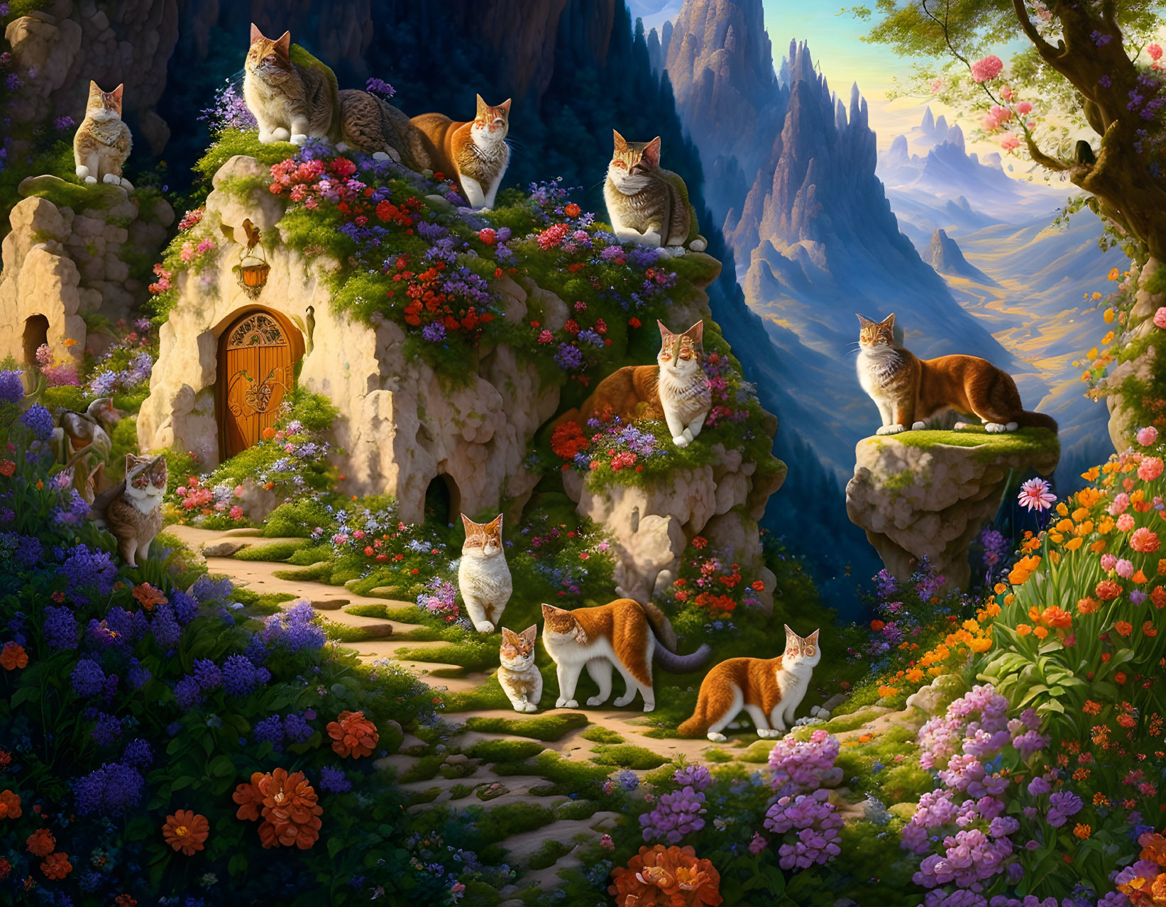 Cats playing in flower-adorned landscape with stone dwelling