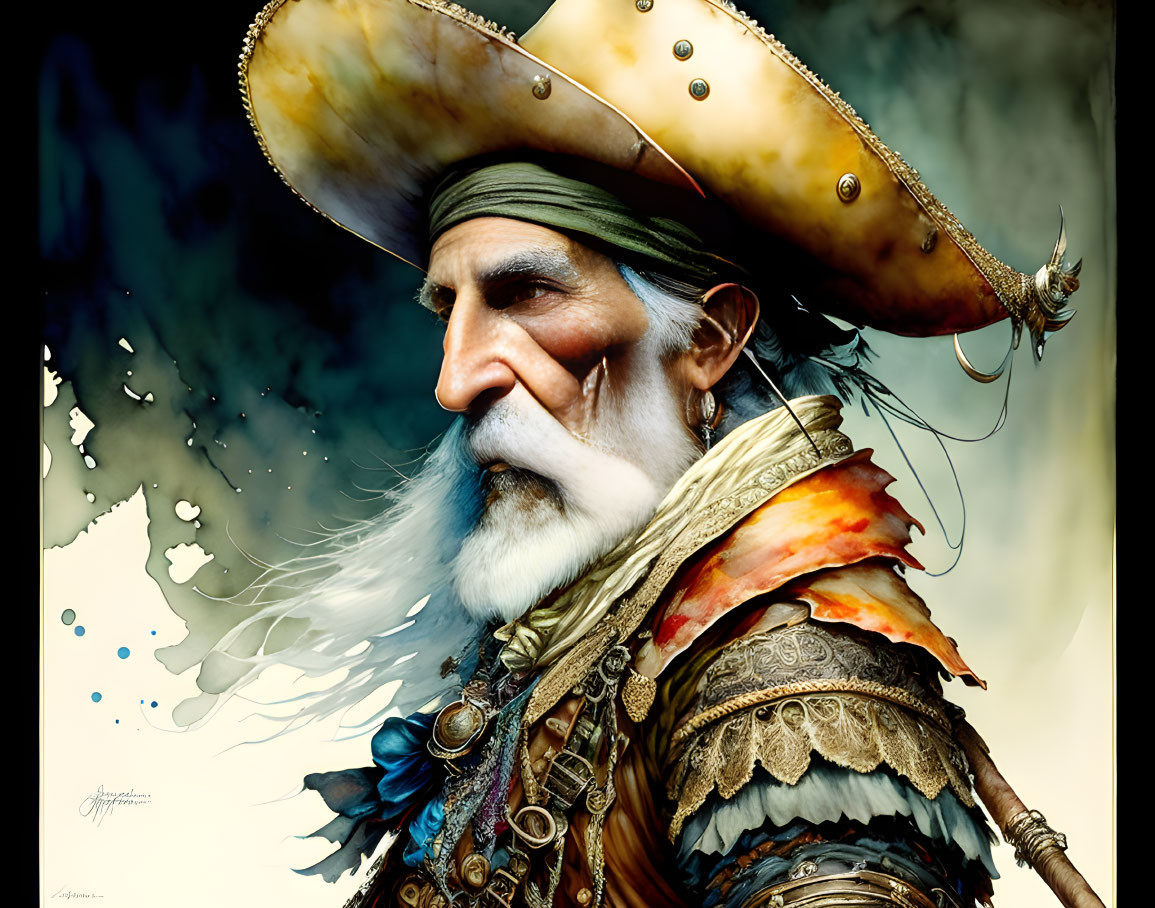 Elderly pirate illustration with large hat and colorful coat