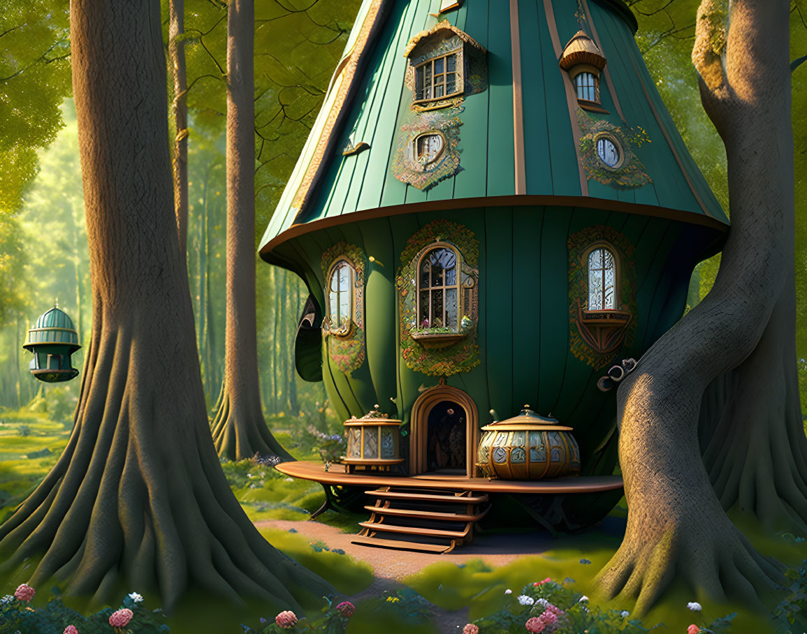 Fairytale house with conical roof and wooden staircase nestled among trees