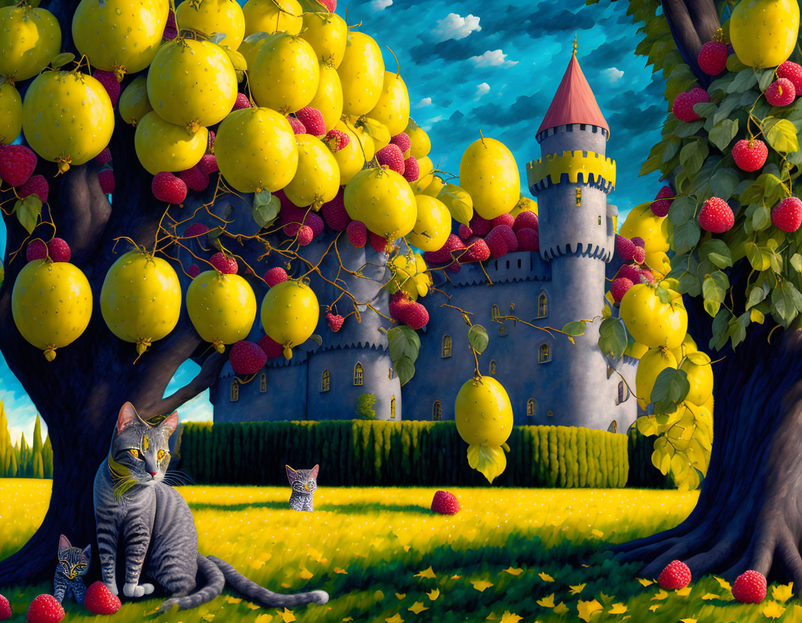 Grey Cat with Oversized Fruits, Colorful Butterflies, and Fairytale Castle in Wh