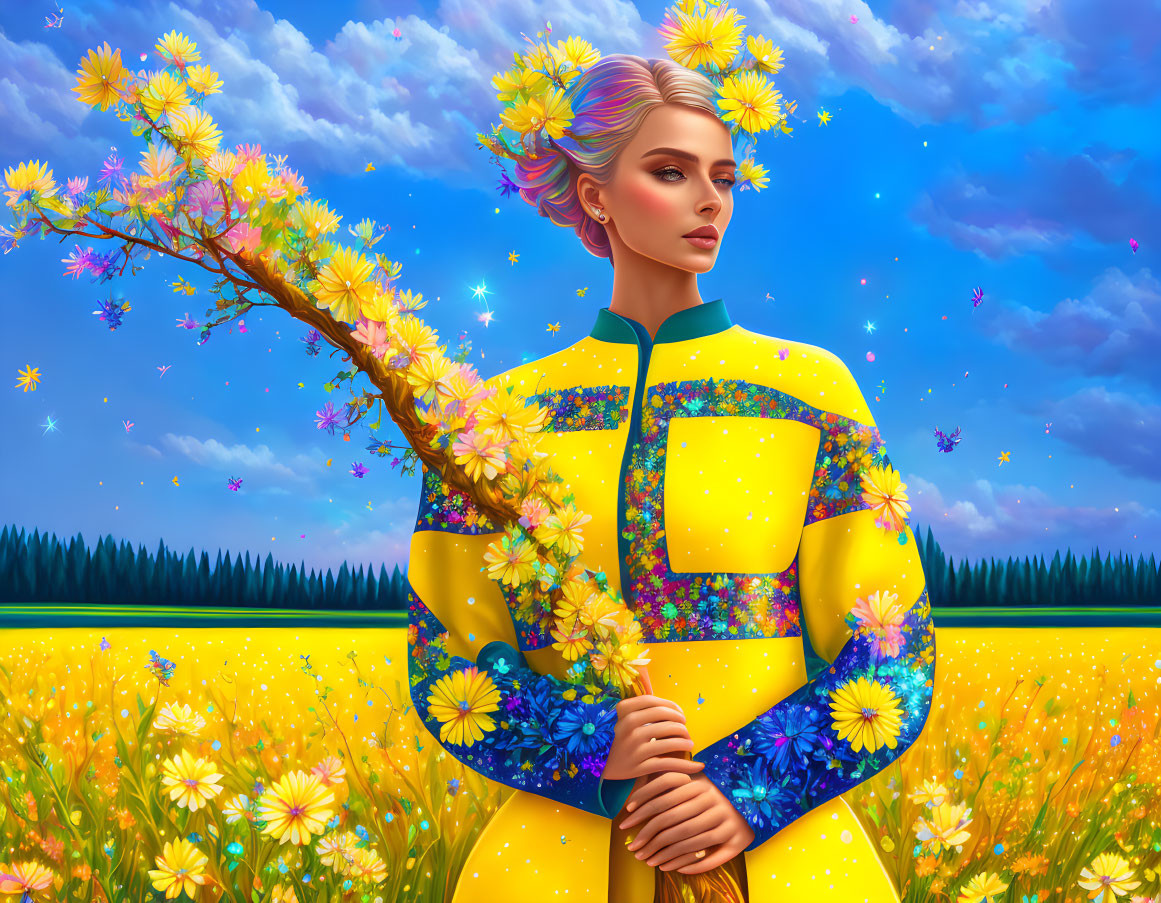 Colorful woman in floral attire amid yellow flower field under blue sky