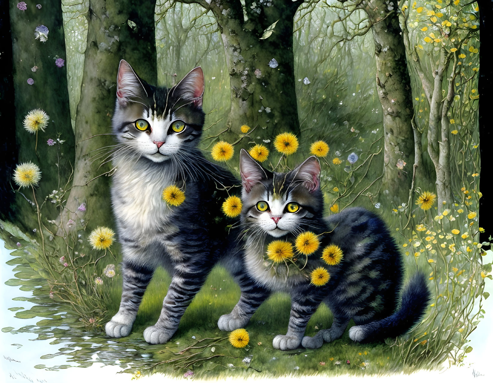 Illustrated cats with dandelion necklaces by tree and pond