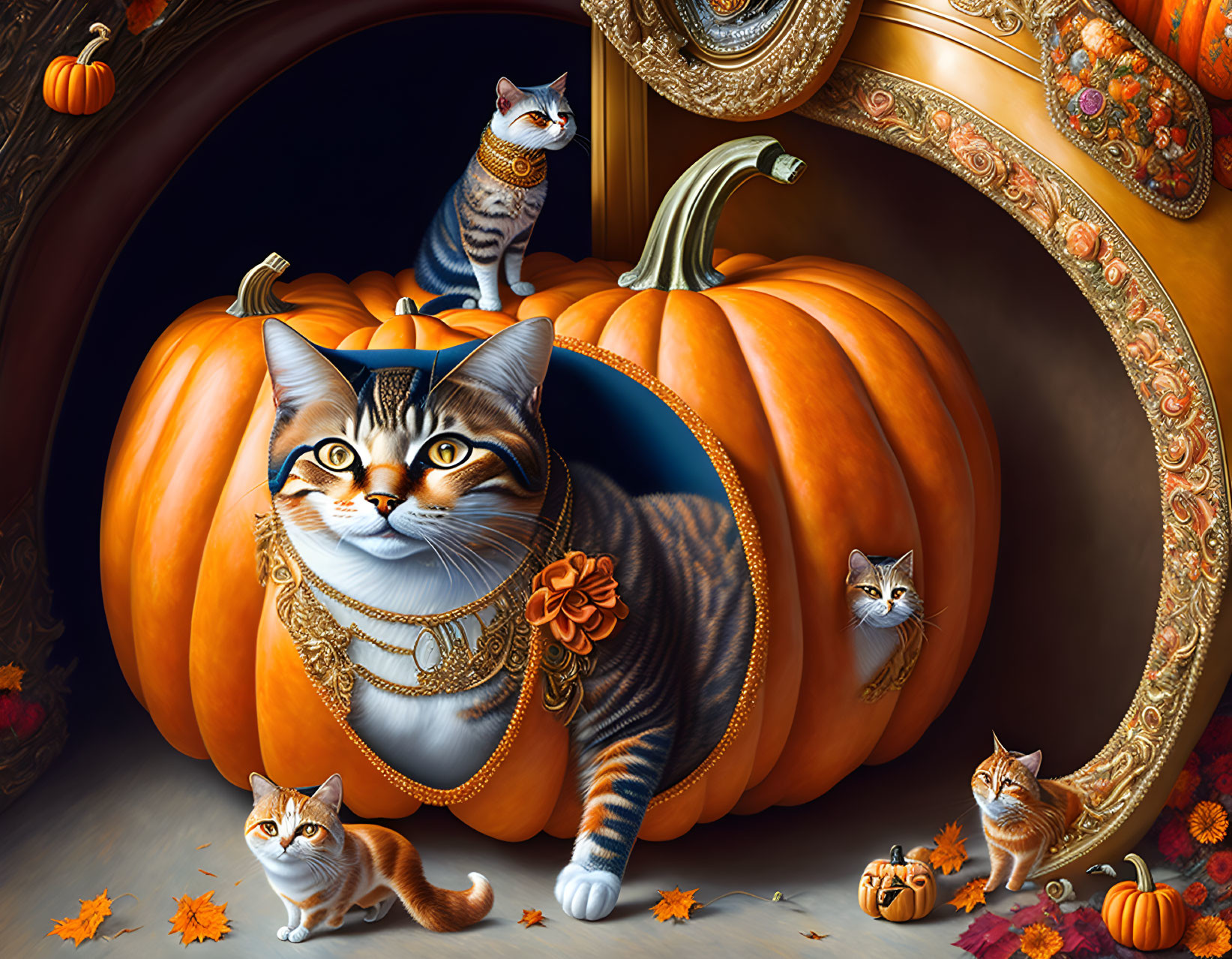 Stylized cats and pumpkins with floral patterns on dark background