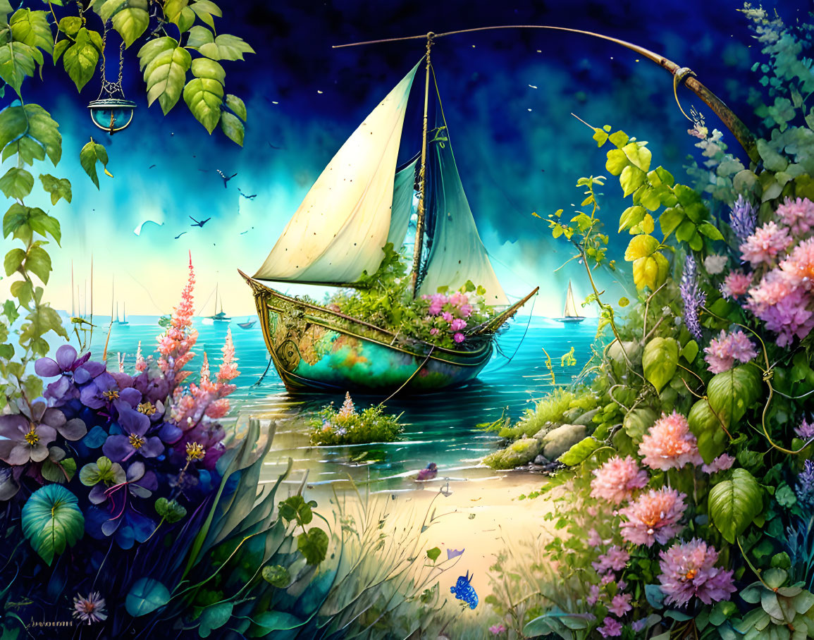 Sailboat in Flower-filled Beach Scene with Birds and Night Sky