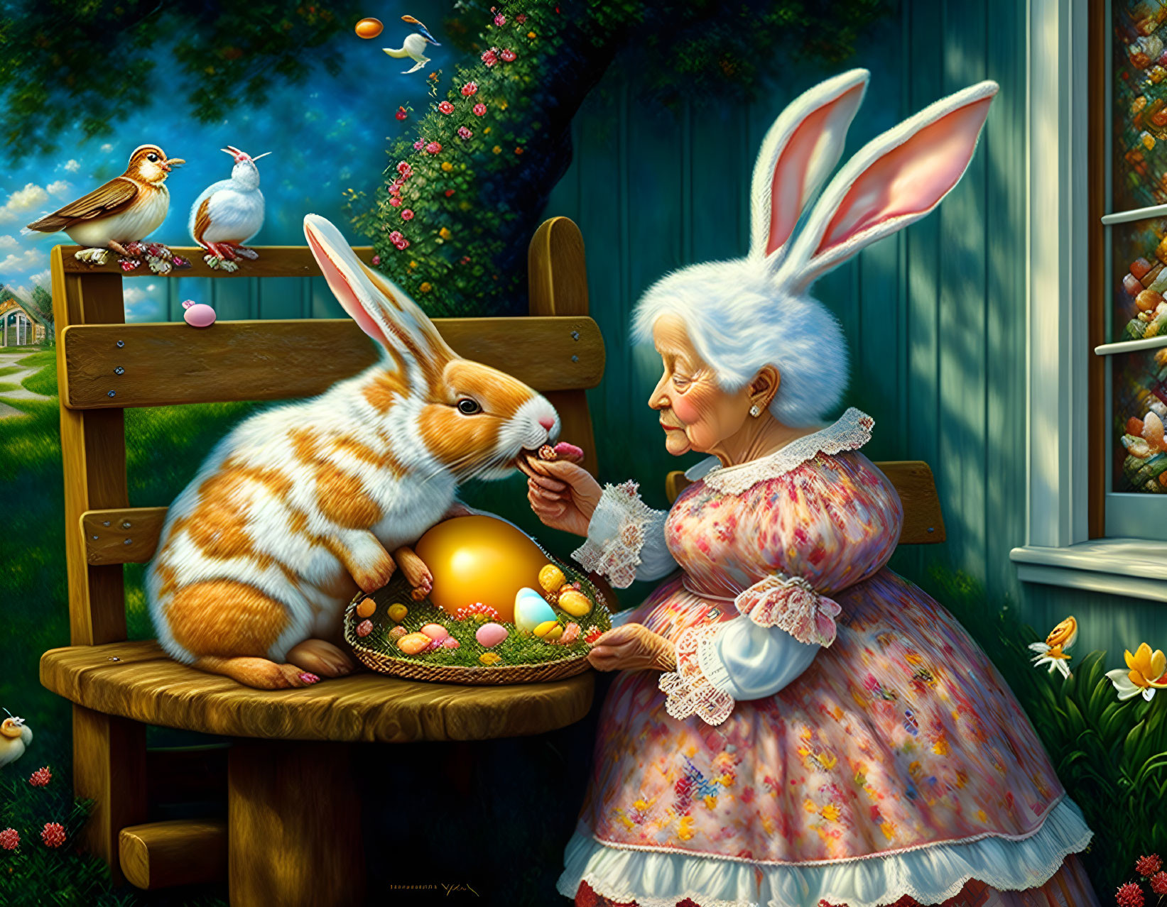 Elderly woman in floral dress and rabbit painting giant egg in garden