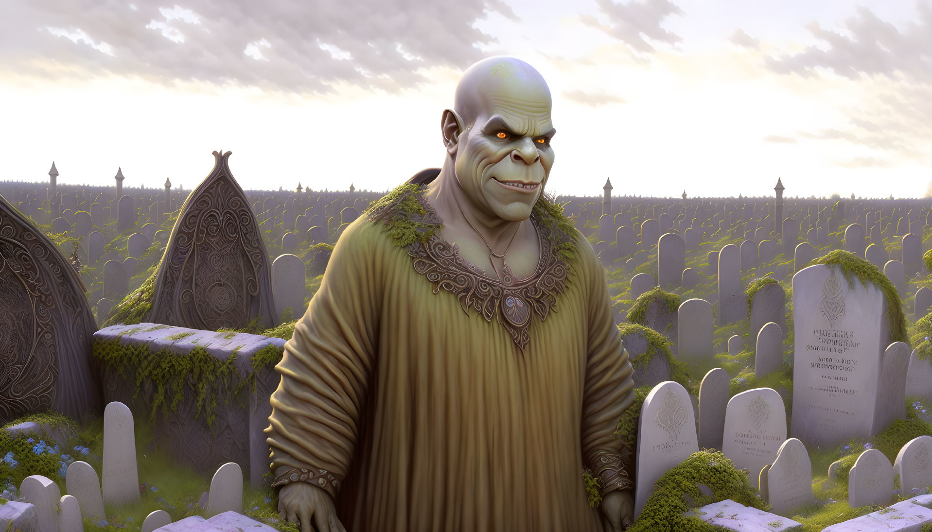 Curious ogre in cemetery at sunset with gothic backdrop