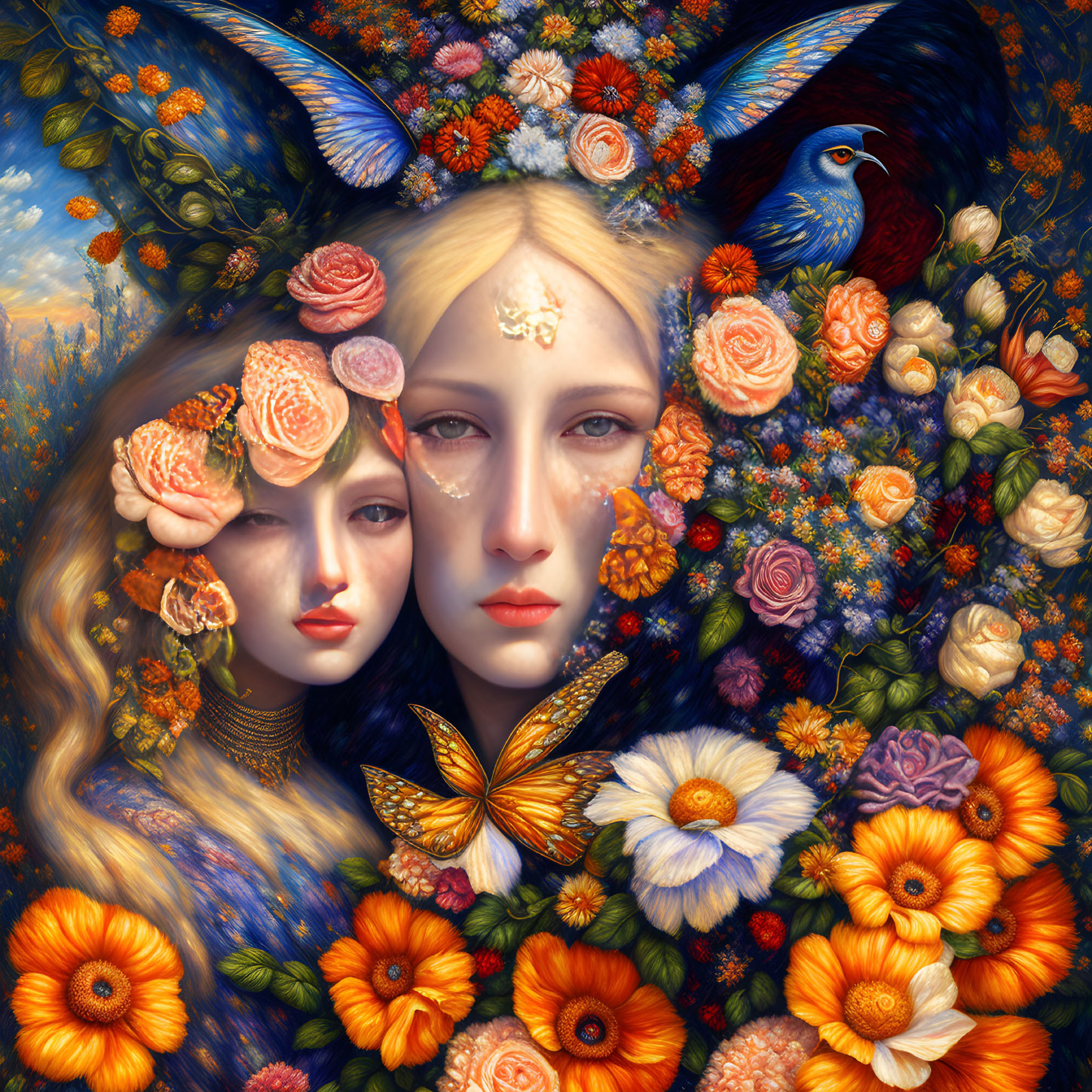 Illustration of two faces in floral background with butterflies and peacock