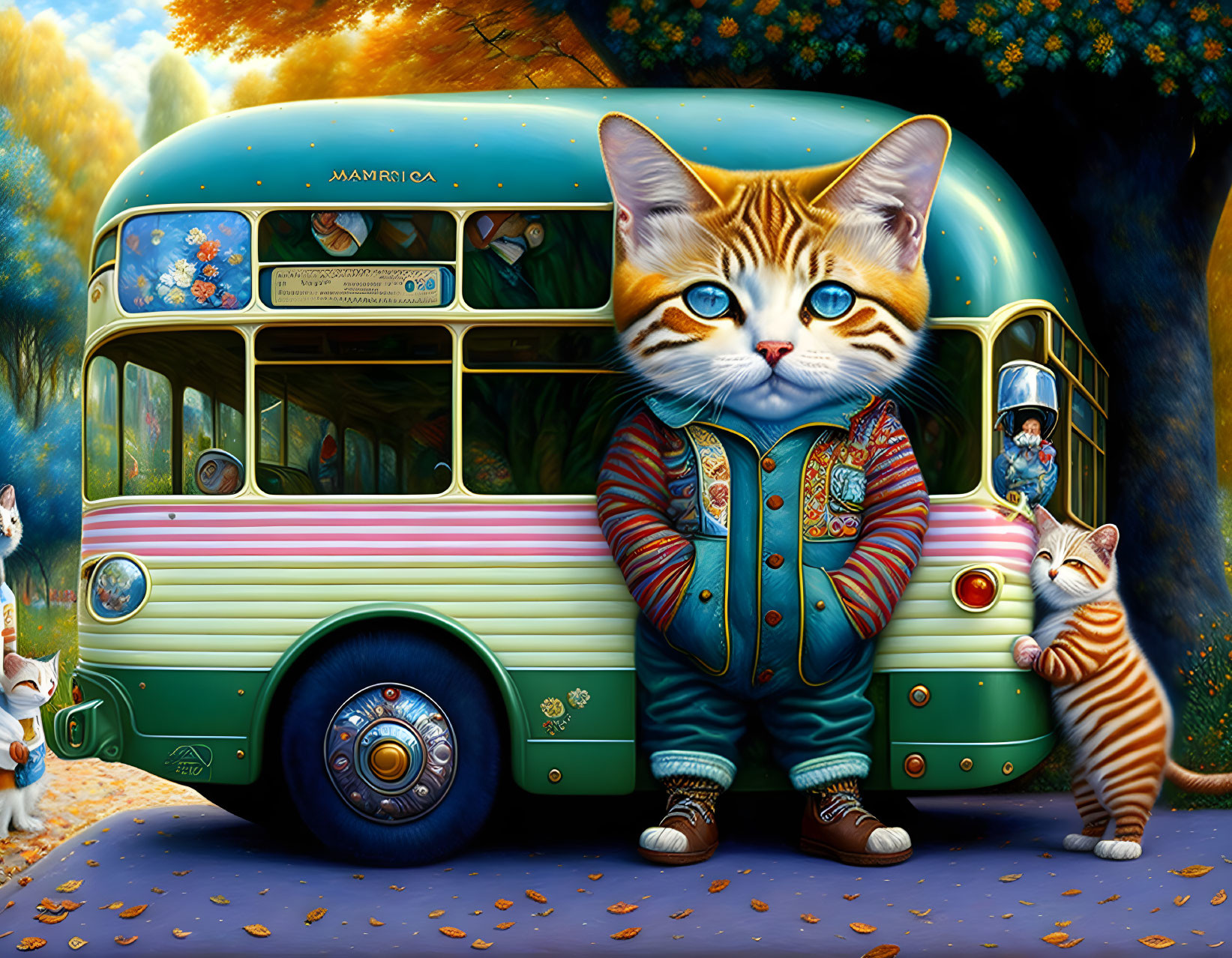 Anthropomorphic Cat with Colorful Bus in Autumn Scene