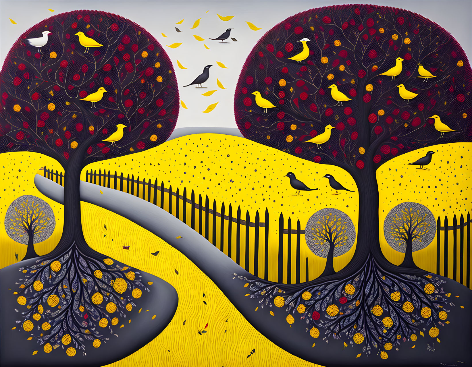 Stylized painting featuring two trees, birds, rolling hills, and picket fence