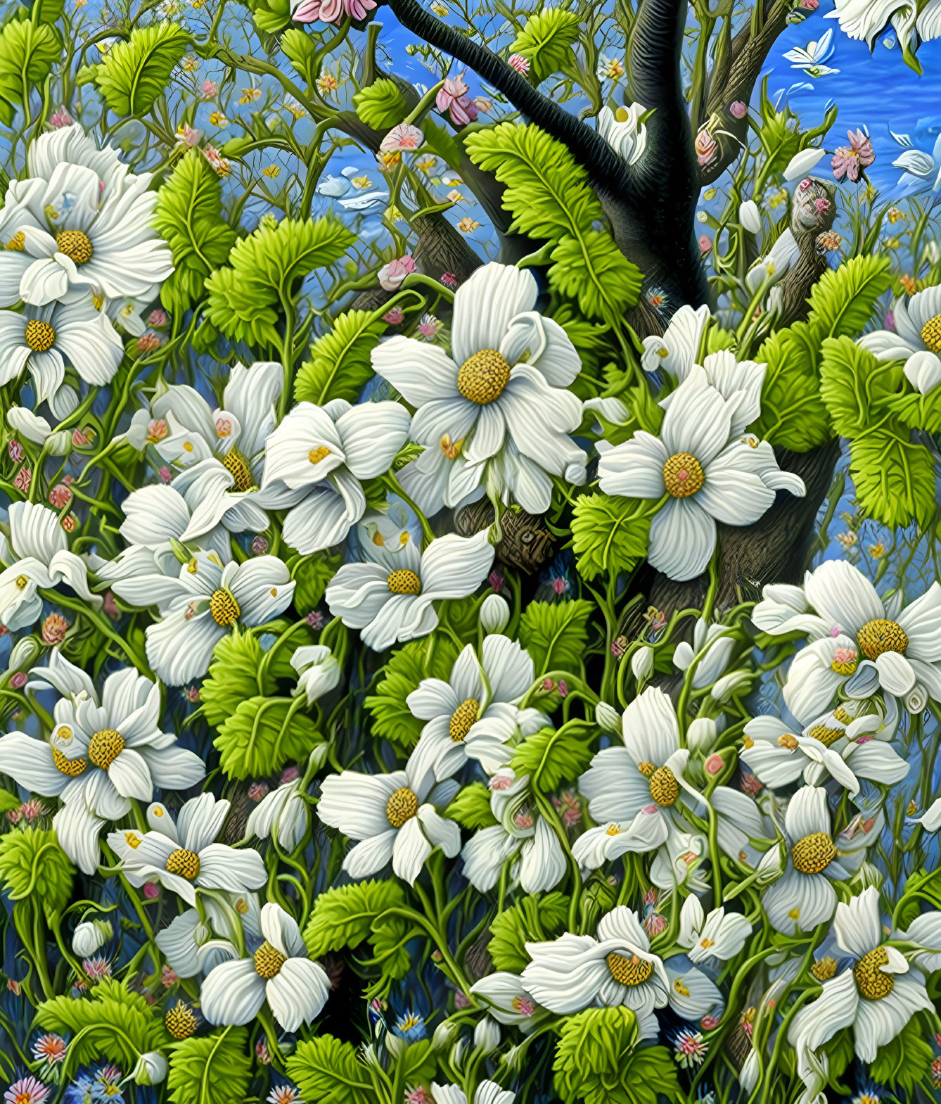 Colorful digital artwork of a lush garden with white daisies and green foliage