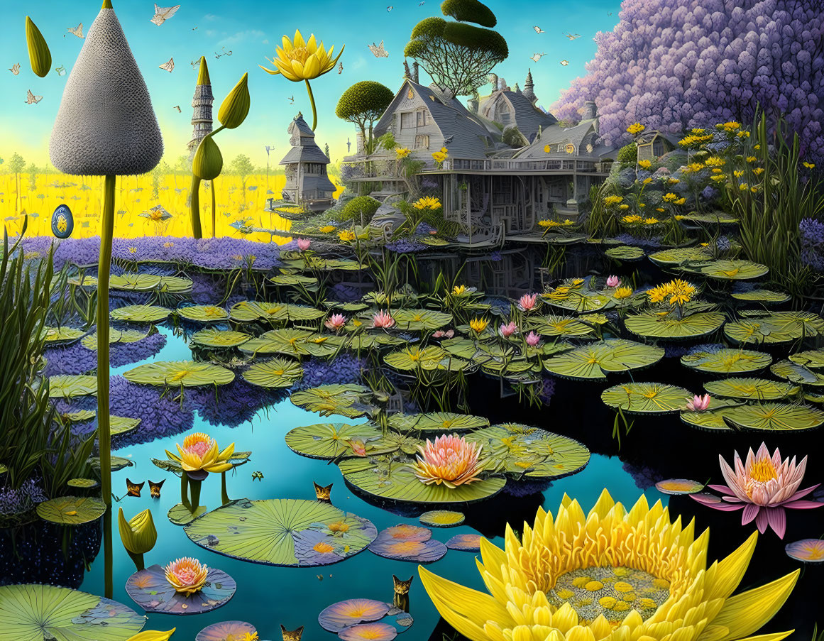 Surreal landscape: traditional houses on stilts, lily pads pond, yellow sky.