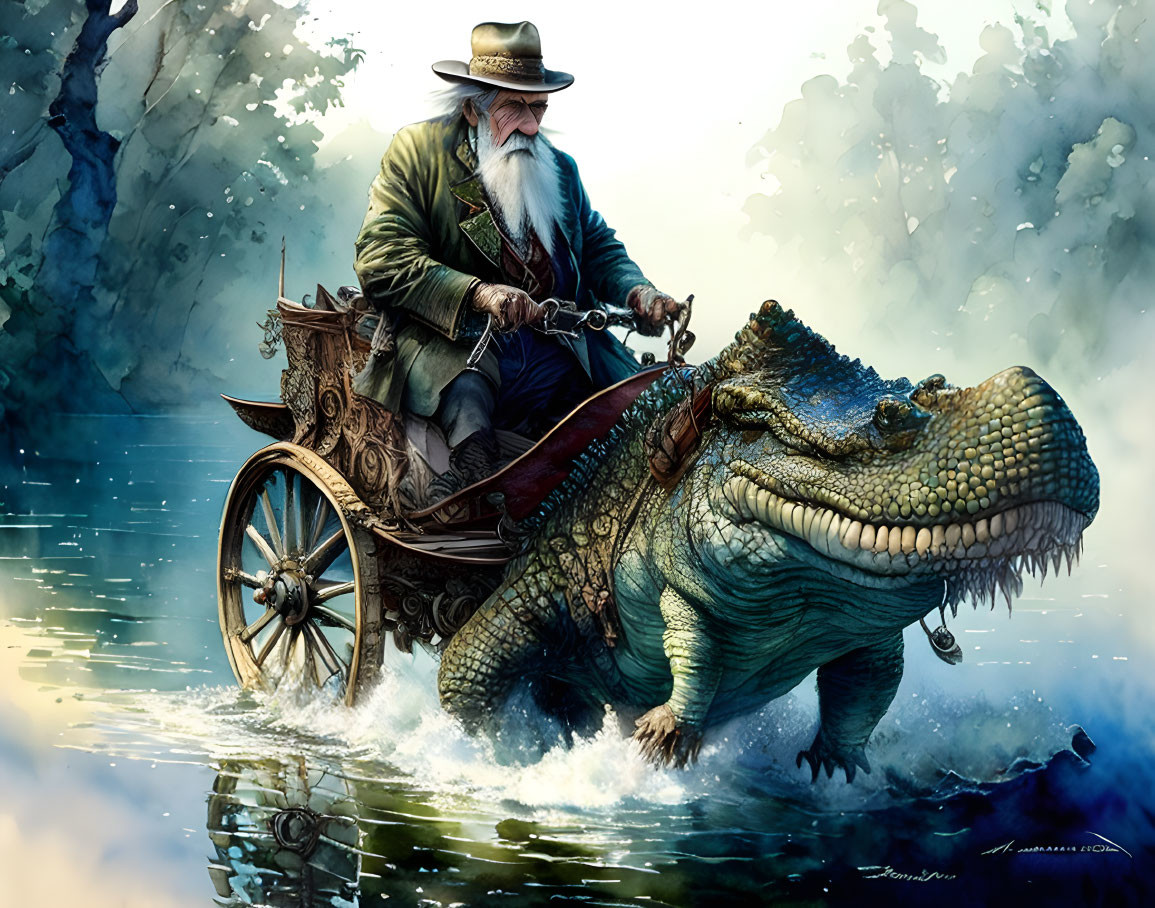 Elderly man rides alligator in vintage clothing through misty swamp