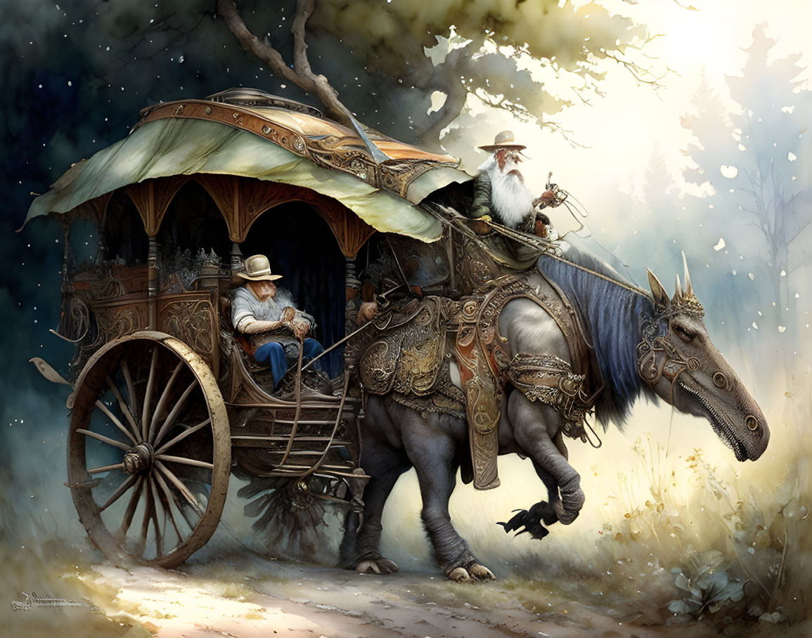 Illustration: Two characters in a wooden cart pulled by a dinosaur-like creature in a mystical forest