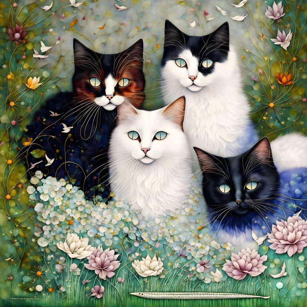 Four stylized cats and vibrant flowers in art.