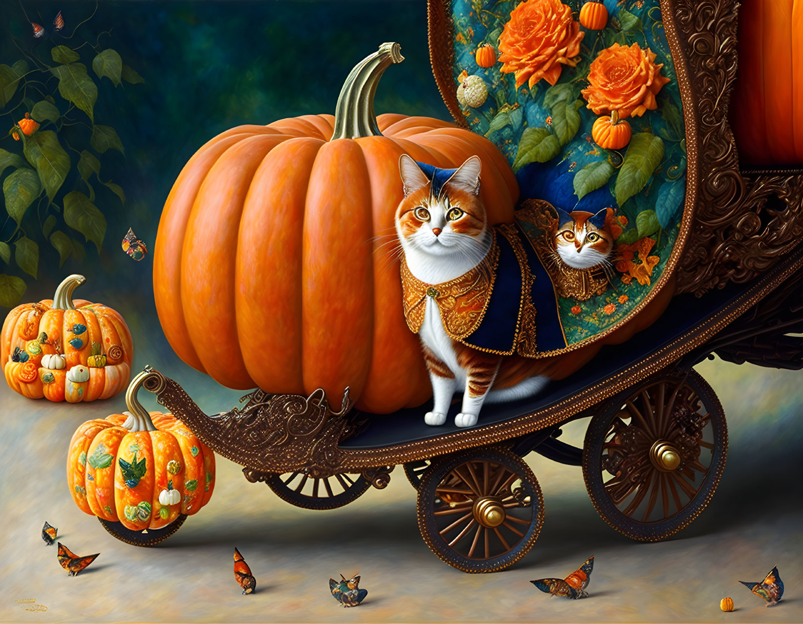 Two adorned cats near pumpkin carriage in whimsical setting with butterflies