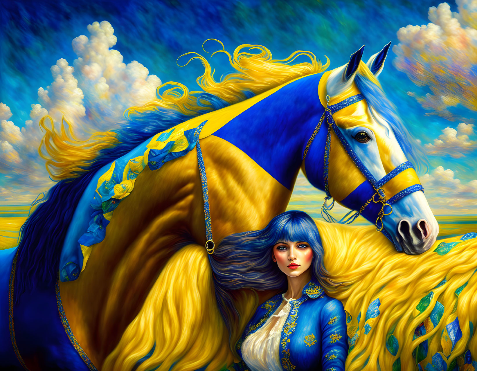 Illustration: Woman in Blue Attire with Majestic Horse in Vibrant Clouds