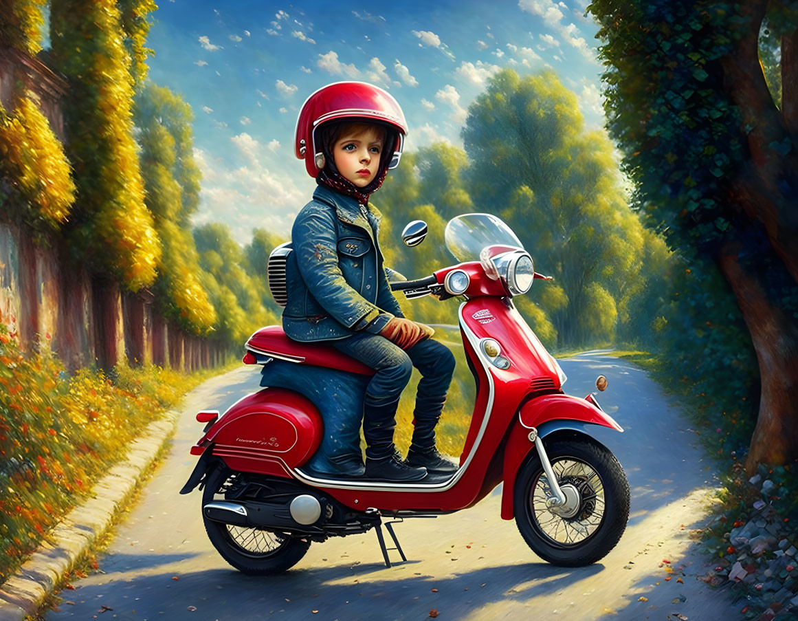 Child in red helmet on classic scooter in tree-lined path