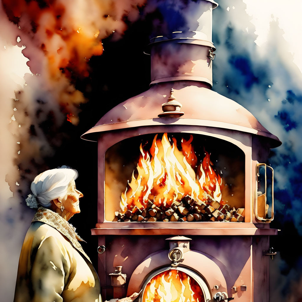 Elderly woman admiring vibrant fire in vintage stove