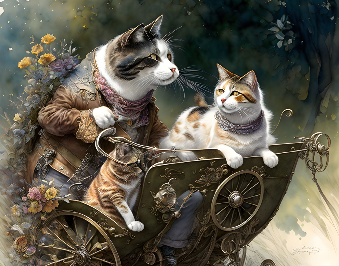 Anthropomorphic cats in ornate clothing in vintage carriage with lush foliage.