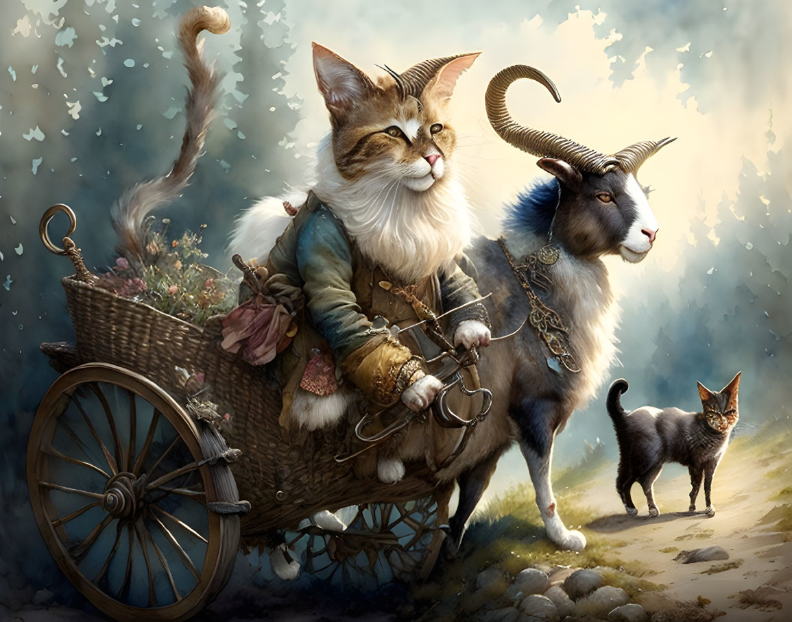 Whimsical artwork of a cat in a feathered cap driving a cart with a goat and kitten